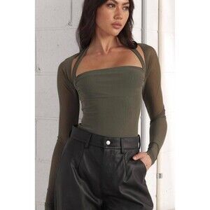 Dazie Women’s Size 18 Cool And Calm Mesh Longsleeve Bodysuit In Khaki Green